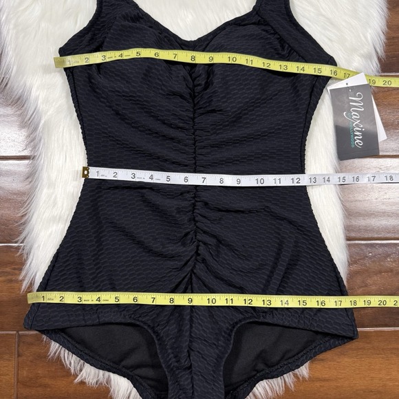Maxine Of Hollywood Size 12 Black Textured Spa Shirred One Piece Swimsuit - Picture 6 of 13